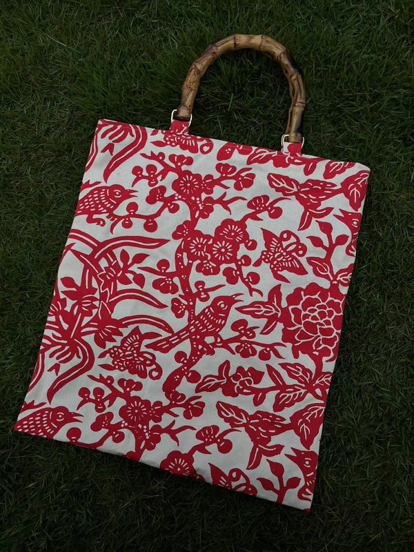Paper-cutting Printed Canvas Bag with Bamboo Handle