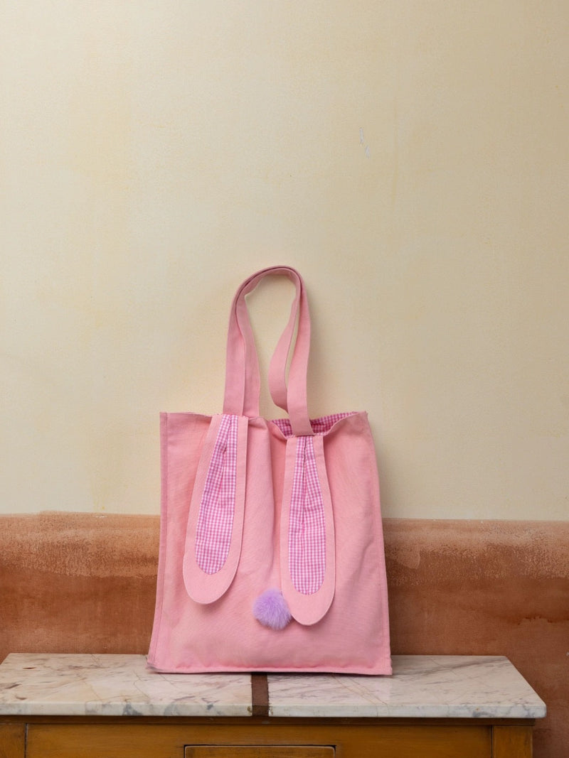 Large-capacity Canvas Tote Bag with Rabbit Ears Design(Pink)