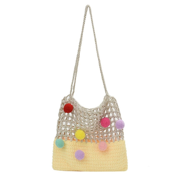 Large-capacity pom-pom beach resort crochet bag