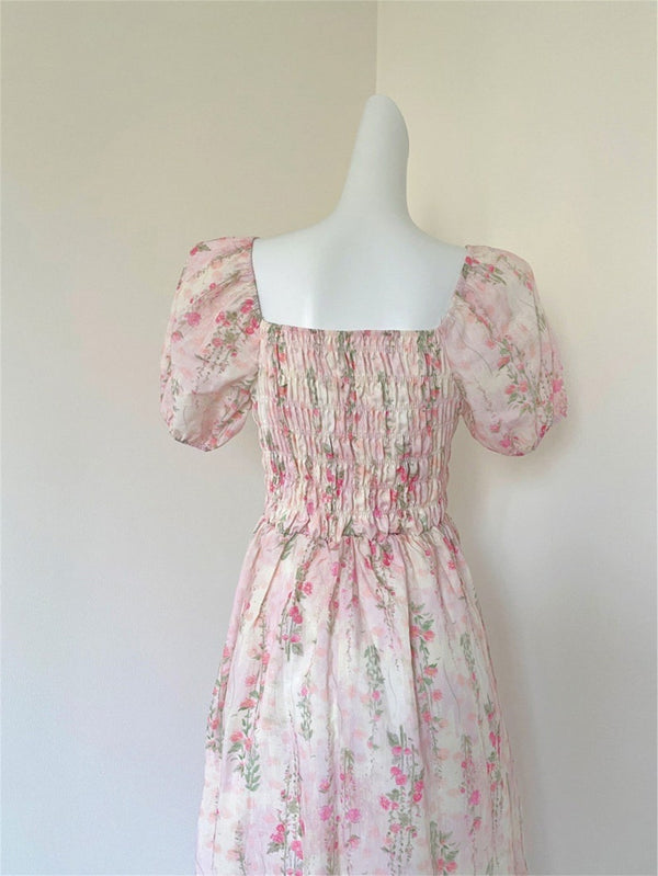 Floral Print Bubble Sleeve Dress Pink
